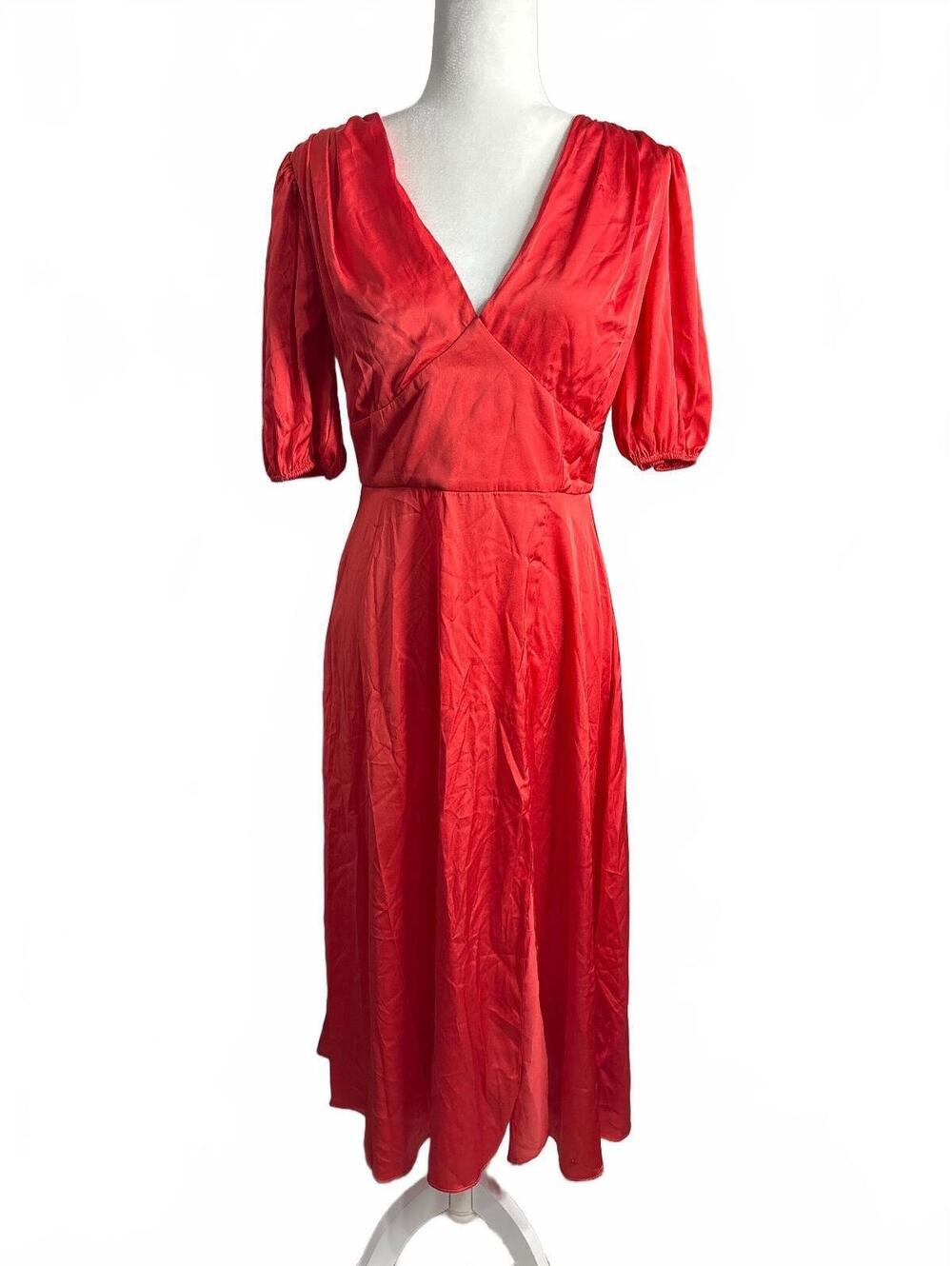 Alexia Admor Red Midi Dress with Puff Sleeves and V-Neck